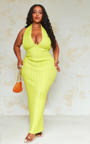 Rochie Pretty Little Thing Plus Chartreuse Plisse Plunge Front Maxi Verzi | CWPO98137