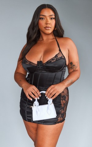 Rochie Pretty Little Thing Plus Dantela Detail Satin Corset Bodycon Negrii | WXDO71260