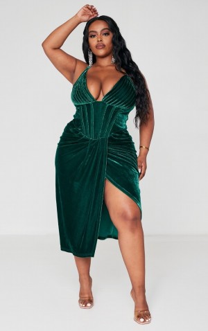 Rochie Pretty Little Thing Plus Emerald Velvet Plunge Corset Bodycon Turcoaz Verzi | KSNH93821