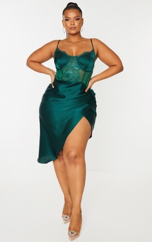 Rochie Pretty Little Thing Plus Emerald Dantela Insert Cup Detail Ruched Side Turcoaz Verzi | GSCP62719