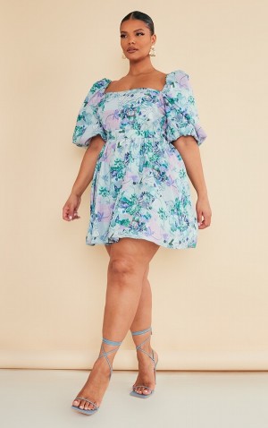 Rochie Pretty Little Thing Plus Floral Printed Tie Talie Puffball Albastri | AUTM62430