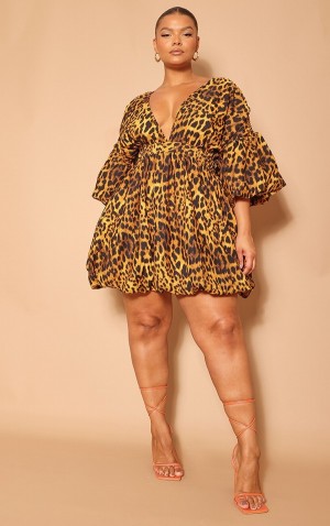 Rochie Pretty Little Thing Plus Leopard Puff Sleeve Puffball Hem Leopard | ZPAU58039