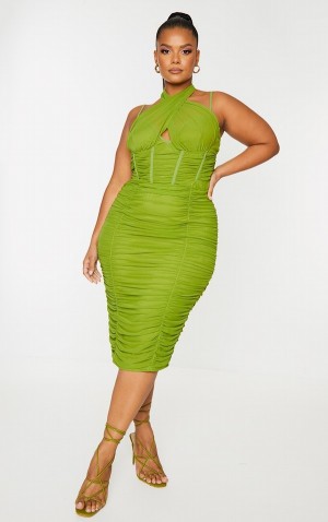 Rochie Pretty Little Thing Plus Mesh Cross Front Corset Detail Masline Verzi | CHJF57621