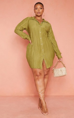 Rochie Pretty Little Thing Plus Plisse Masline Verzi | LXVB74059
