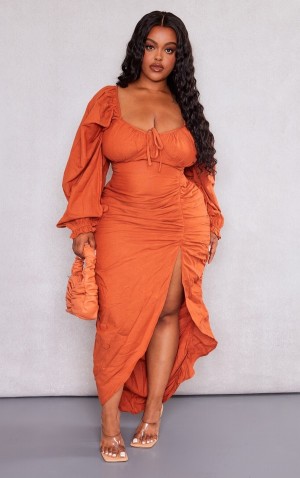 Rochie Pretty Little Thing Plus Rust Linen Look Ruched Side Split Rosii | QYKH89605