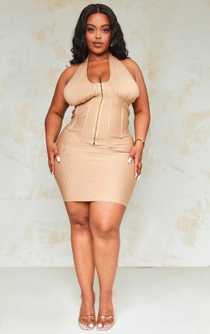 Rochie Pretty Little Thing Plus Stone Bandage Plunge Corset Bodycon Gri | QZYS93502
