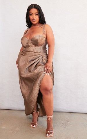 Rochie Pretty Little Thing Plus Taupe Plisse Corset Ruched Gri Maro | RFJO54176