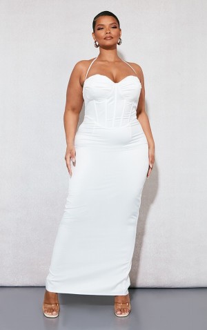 Rochie Pretty Little Thing Plus Tie Neck Corset Maxi Albi | AZFC15420