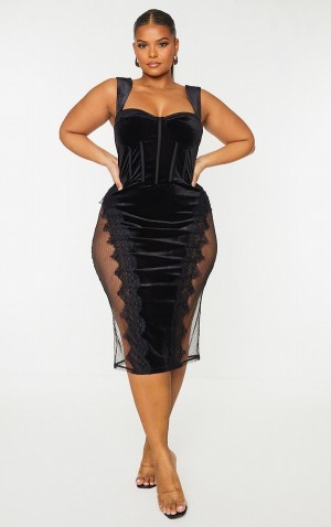 Rochie Pretty Little Thing Plus Velvet Dantela Trim Corset Negrii | CZJB43678