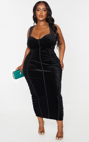 Rochie Pretty Little Thing Plus Velvet Ruched Side Cup Detail Negrii | KNTH82734