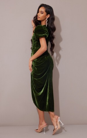 Rochie Pretty Little Thing Ruched Bodice Puff Sleeve Velvet Masline Verzi | QMUB90423