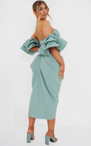 Rochie Pretty Little Thing Sage Bardot Frill Sleeve Draped Masline Verzi Verzi | BUJK45826