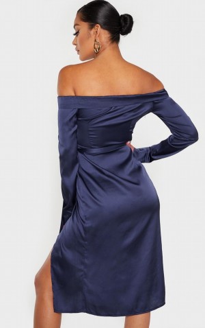 Rochie Pretty Little Thing Satin Bardot Lapel Detail Wrap Bleumarin | INSJ34596