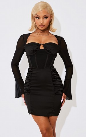 Rochie Pretty Little Thing Satin Corset Detail Dantela Up Mesh Sleeve Bodycon Negrii | GTXH40186