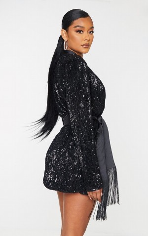 Rochie Pretty Little Thing Sequin Tassel Tie Detail Negrii | RZFX24583