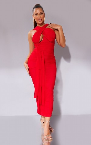 Rochie Pretty Little Thing Shape Mesh Wrap Neck Tie Detail Midaxi Rosii | XRAL17943