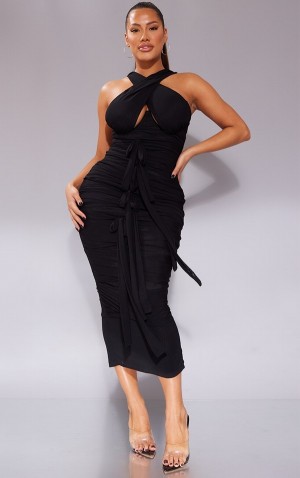 Rochie Pretty Little Thing Shape Mesh Wrap Neck Tie Detail Midaxi Negrii | JCRA75094