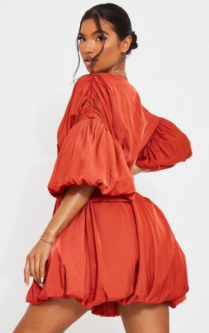 Rochie Pretty Little Thing Terracotta Puff Sleeve Puffball Hem Shift Rosii | OSFD69081