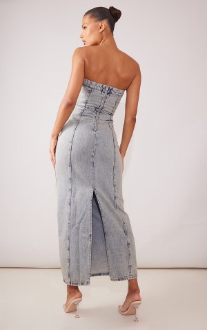 Rochie Pretty Little Thing Vintage Mid-High Wash Bandeau Maxi Albastru Deschis | YDIK61589