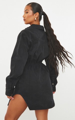 Rochie Pretty Little Thing Washed Cinched Talie Long Sleeve Negrii | KXVB31596
