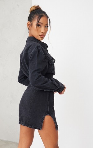 Rochie Pretty Little Thing Washed Seam Detail Long Sleeve Negrii | XWBT65342