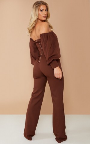 Salopeta Pretty Little Thing Bardot Balloon Sleeve Corset Ciocolata | ZIOB63017