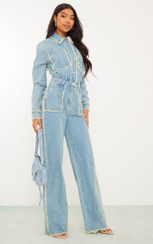 Salopeta Pretty Little Thing Cizme Inalte Wash Distressed Seam Detail Largi Leg Albastri Deschis Albastru Deschis | ABCJ94105
