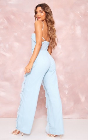 Salopeta Pretty Little Thing Dusty Sheer Chiffon Curea Detail Frill Albastri | AEJO21963