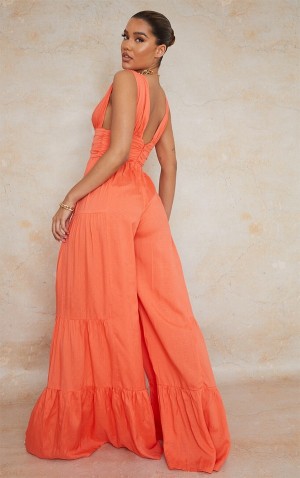 Salopeta Pretty Little Thing Linen Look Plunge TieWide Leg Portocalii | QWGT64752