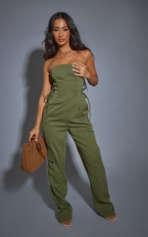 Salopeta Pretty Little Thing Petite Dantela Up Bandeau Cargo Pocket Detail Kaki | YNAM25490