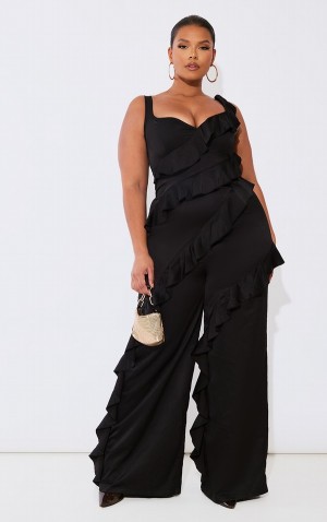 Salopeta Pretty Little Thing Plus Satin Ruffle Front Negrii | JSNW85372