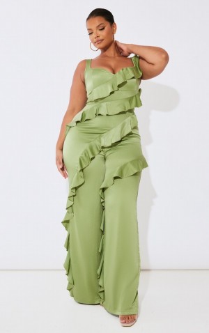 Salopeta Pretty Little Thing Plus Satin Ruffle Front Masline Verzi | PDYU58690