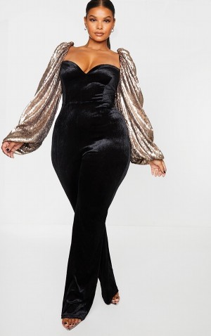 Salopeta Pretty Little Thing Plus Sequin Balloon Sleeve Velvet Negrii | TLCM81206