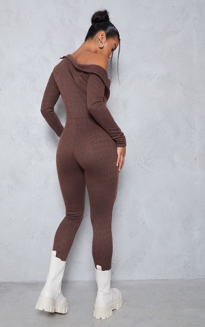 Salopeta Pretty Little Thing Rib Bardot Button Detail Ciocolata | RCUQ94053