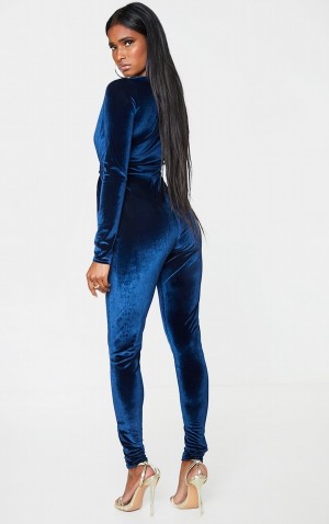 Salopeta Pretty Little Thing Velvet Deep Plunge Tie Talie Bleumarin | XSFV02869