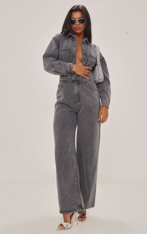 Salopeta Pretty Little Thing Washed Cargo Pocket Shoulder Căptușită Gri | RDQU21348