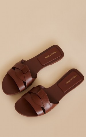 Sandale Pretty Little Thing Real Piele Round Bombeu Curea Maro | XTLB97253