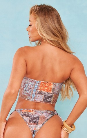 Topuri De Bikini Pretty Little Thing Paisley Print Ruched Front Cut Out Bandeau Bej | WOVB93462