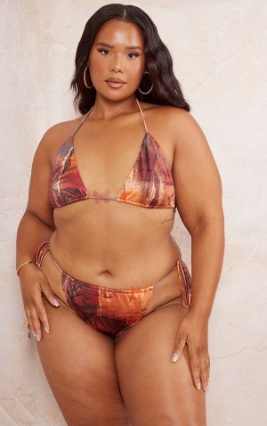 Topuri De Bikini Pretty Little Thing Plus Abstract Printed Triangle Maro | OXRB62901