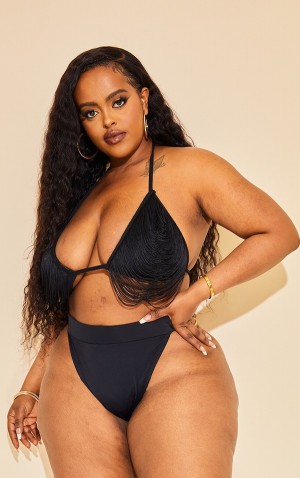Topuri De Bikini Pretty Little Thing Plus Fringed Triangle Negrii | RUMT10479