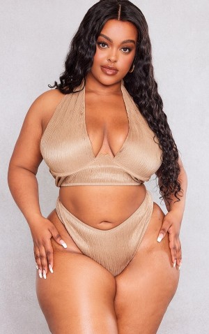 Topuri De Bikini Pretty Little Thing Plus Taupe Plisse Underwire Cross Front Gri Maro | AVYO64728