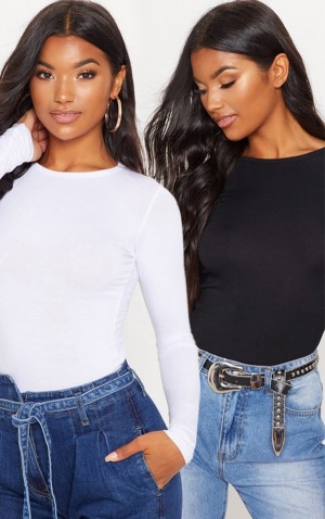 Tricouri Pretty Little Thing Basic Bumbac Blend Long Sleeve Fitted 2 Pack Albi | PBDN52316