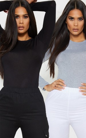 Tricouri Pretty Little Thing Basic Bumbac Blend Long Sleeve Fitted 2 Pack Negrii | IHLX80254