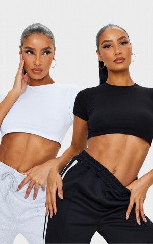Tricouri Pretty Little Thing Basic Bumbac Blend Roll Sleeve Crop 2 Pack Negrii | CEOT58930