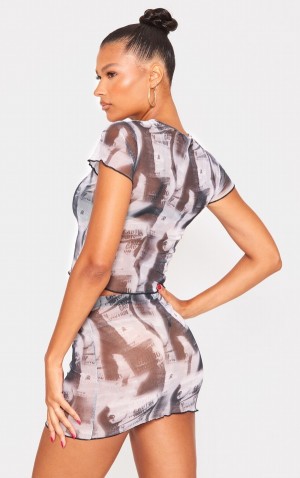 Tricouri Pretty Little Thing Body Print Mesh Sleeve Gri | SWBN59128