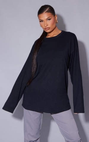Tricouri Pretty Little Thing Bumbac Oversized Long Sleeve Negrii | JHPQ89104