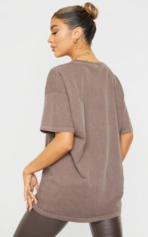 Tricouri Pretty Little Thing Montana Logo Oversized Washed Ciocolata | RNSY92385