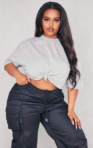 Tricouri Pretty Little Thing Plus Marl Knot Front Crop Gri | URFE37126