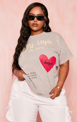 Tricouri Pretty Little Thing Plus Taupe Good Luck Heart Print Washed Gri Maro | LFJT42058