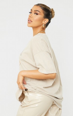Tricouri Pretty Little Thing Sand Montana Logo Oversized Washed Maro | BOWJ91302